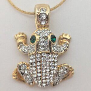 Vintage Chunky/Blingy Crystal-like details on this Frog Pendant w/ Long Chain!